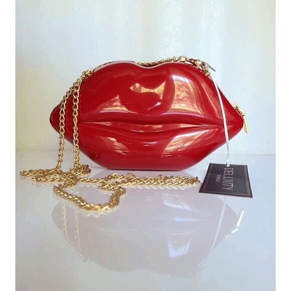 💋 Deluxity Red Lips Gold Chain Jelly Cute Chic Clutch Crossbody Bag NWT - Picture 5 of 16